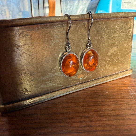 Italian 1805 ar 925 - Gem Vtg AR Italian Sterling Silver & Cognac Baltic Amber Oval Cabochon Drop Earrings